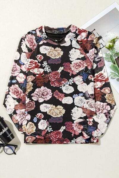 Floral Mock Neck Long Sleeve Mesh Top - Trendsi - Flyclothing LLC