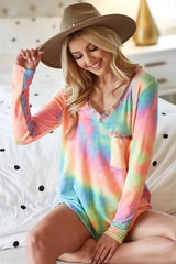 BiBi Tie Dye V-neck Terry Knit Top With Sequins - Trendsi - Flyclothing LLC