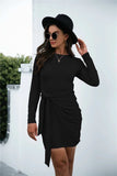 Tied Round Neck Long Sleeve Mini Dress - Trendsi - Flyclothing LLC