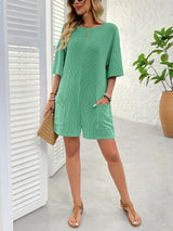 Backless Textured Round Neck Half Sleeve Romper - Trendsi - Flyclothing LLC