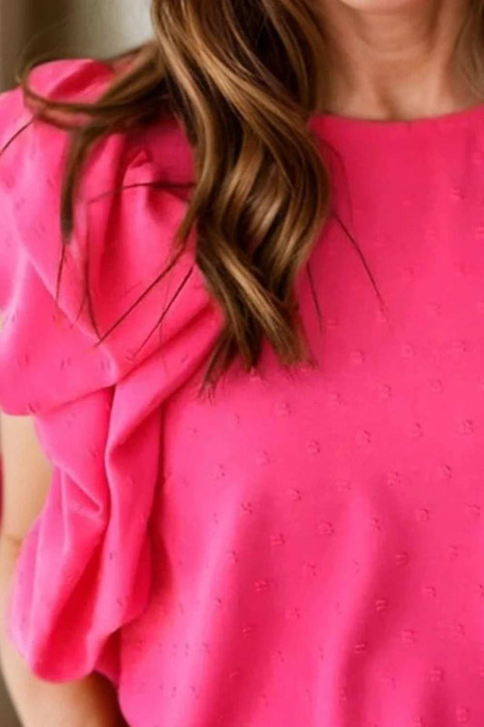 Swiss Dot Round Neck Cap Sleeve Blouse - Trendsi - Flyclothing LLC