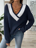 Contrast Dropped Shoulder Long Sleeve Sweater - Trendsi
