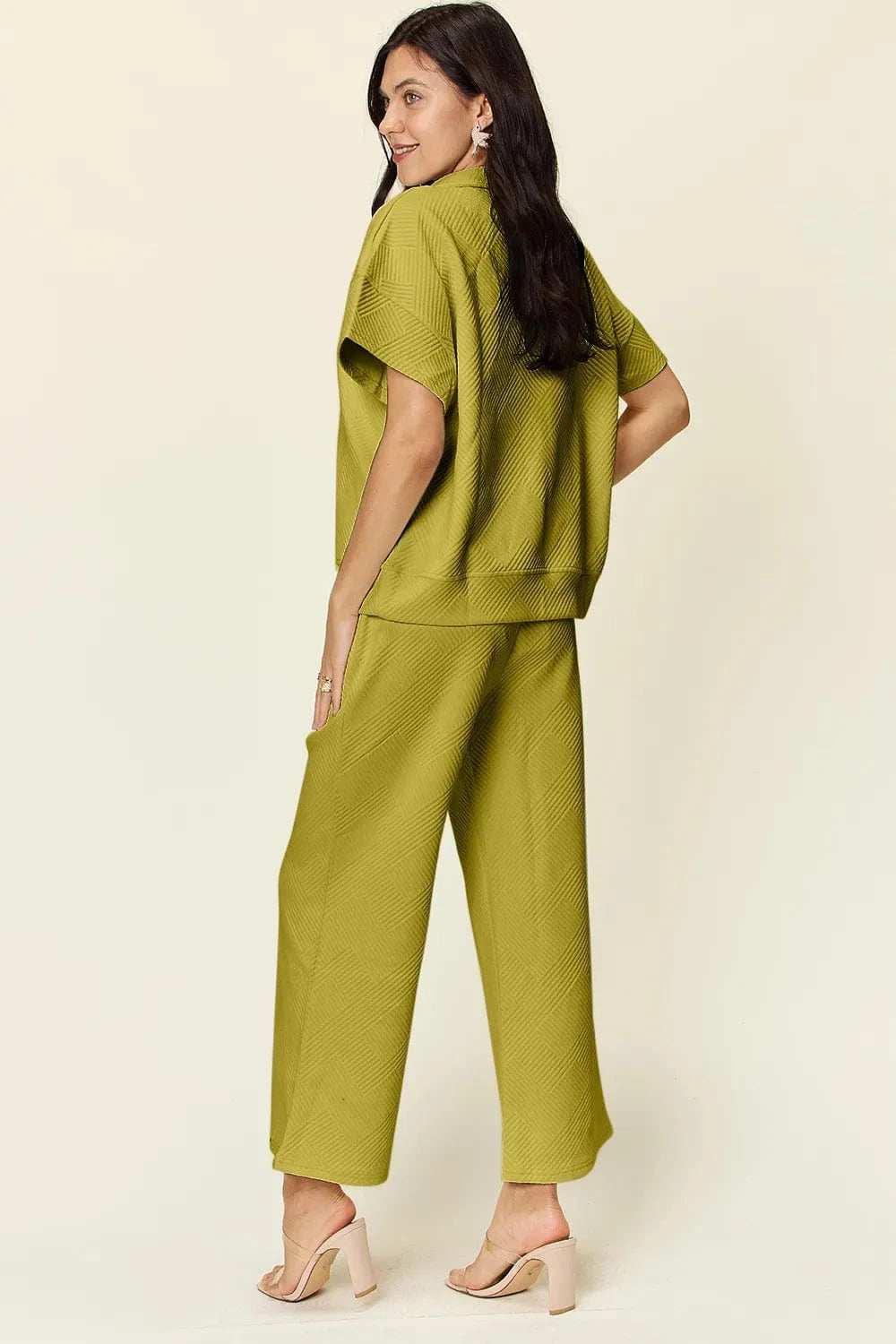 Double Take Full Size Texture Half Zip Short Sleeve Top and Pants Set - Trendsi - Flyclothing LLC