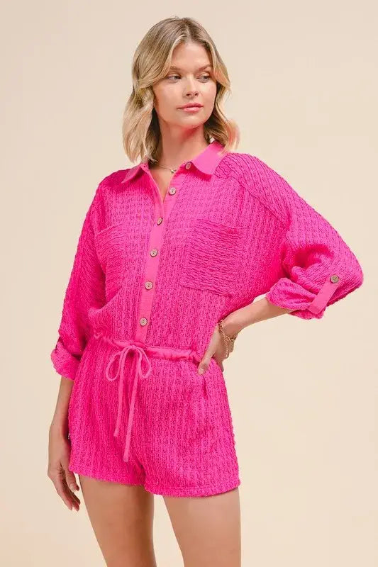 SO ME Textured Knit Button Front Romper - Trendsi - Flyclothing LLC