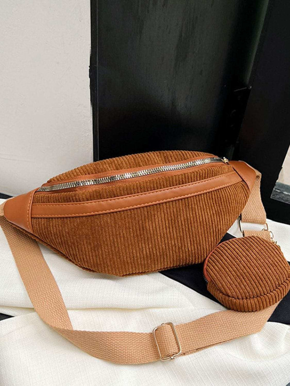 Corduroy Adjustable Strap Crossbody Bag with Pouch - Trendsi - Flyclothing LLC