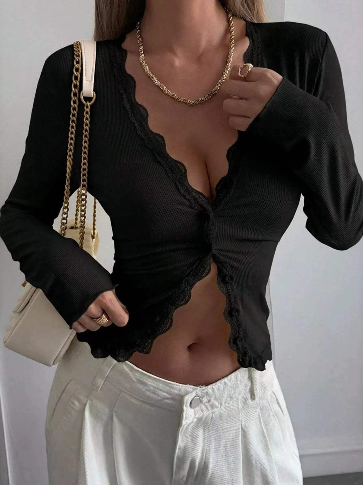 Lace Trim V-Neck Ribbed Long Sleeve Blouse - Trendsi - Flyclothing LLC
