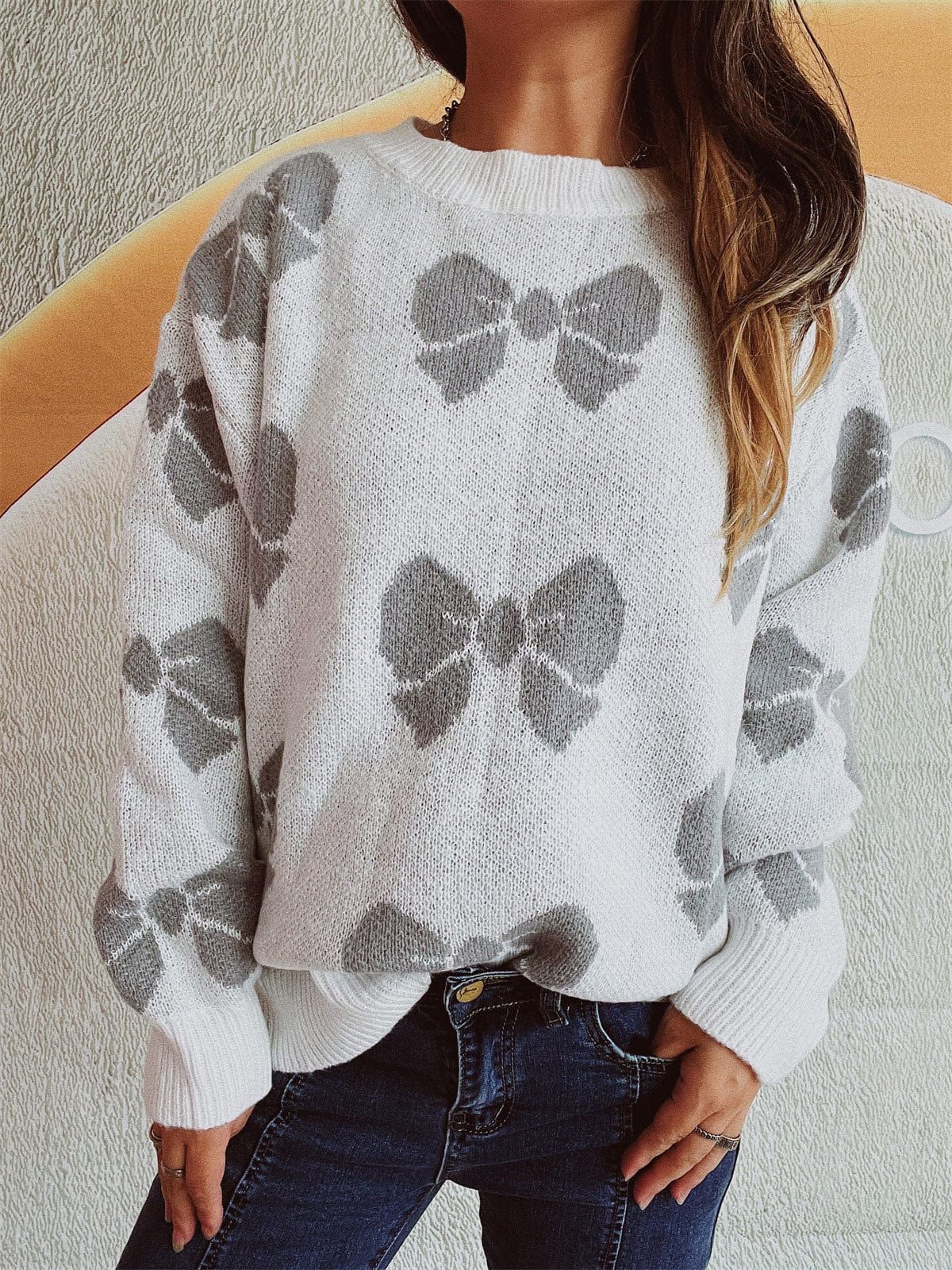 Bow Round Neck Dropped Shoulder Sweater - Trendsi
