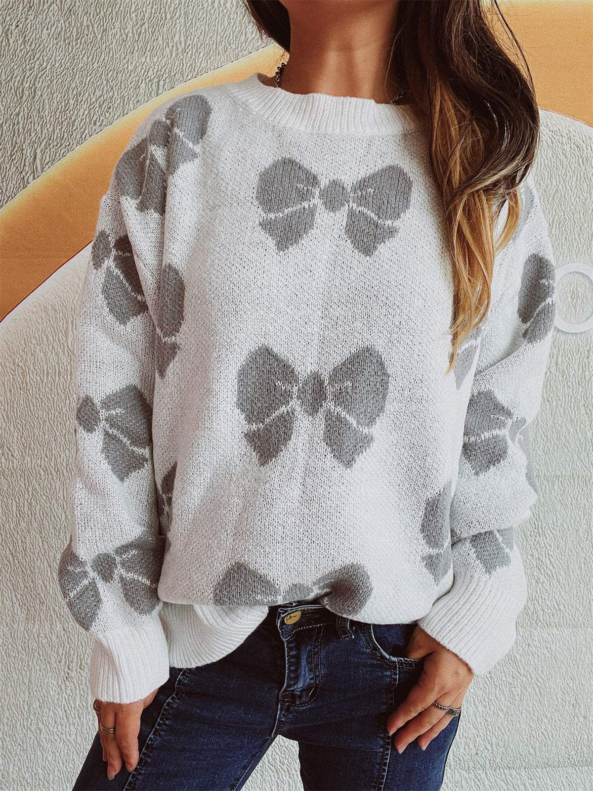 Bow Round Neck Dropped Shoulder Sweater - Trendsi - Flyclothing LLC