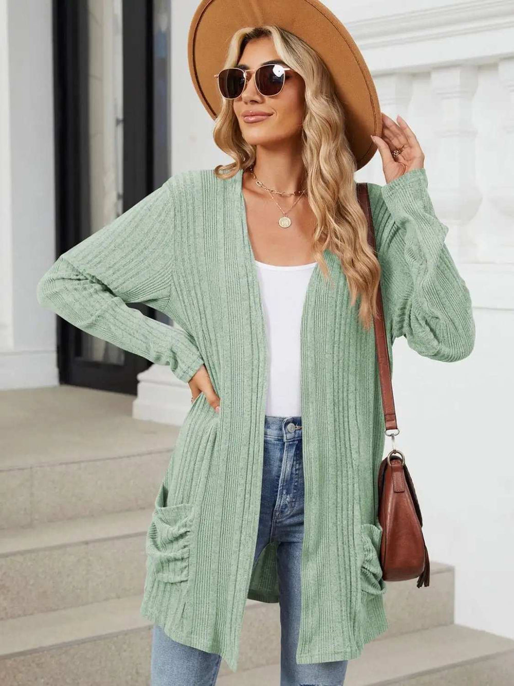 Pocketed Open Front Long Sleeve Cardigan - Trendsi - Flyclothing LLC