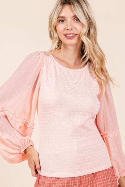 Mittoshop Mixed Media Textured Knit Chiffon Long Sleeve Top - Trendsi - Flyclothing LLC