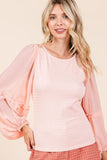 Mittoshop Mixed Media Textured Knit Chiffon Long Sleeve Top - Trendsi