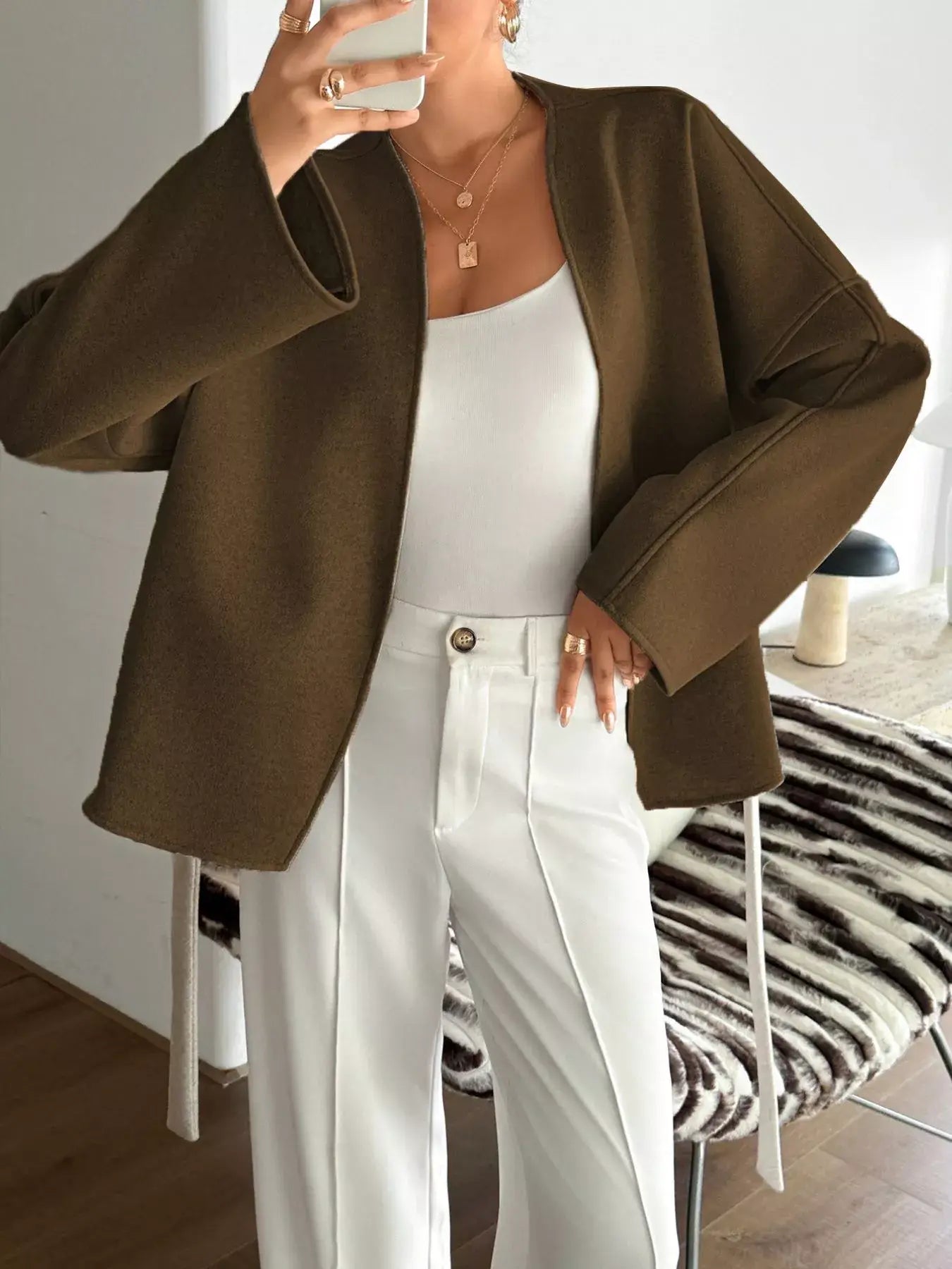 Surplice Dropped Shoulder Tie Belt Outerwear - Trendsi - Flyclothing LLC