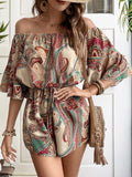 Printed Off Shoulder Half Sleeve Romper - Trendsi