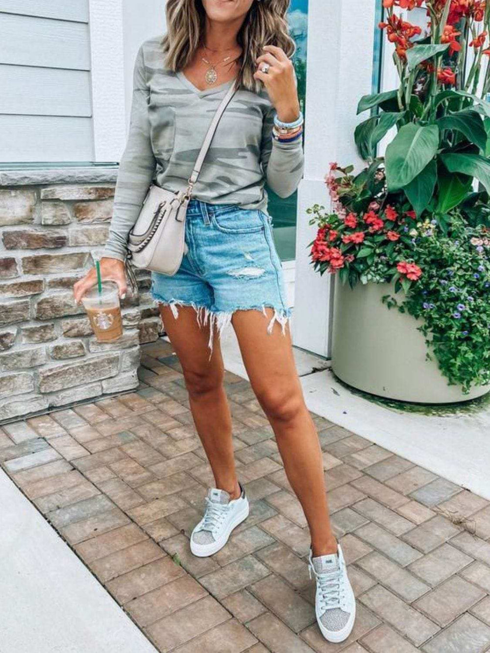 Camouflage V-Neck Long Sleeve T-Shirt - Trendsi - Flyclothing LLC