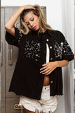 BiBi Sequin Detail Raw Hem Short Sleeve Shirt - Trendsi - Flyclothing LLC