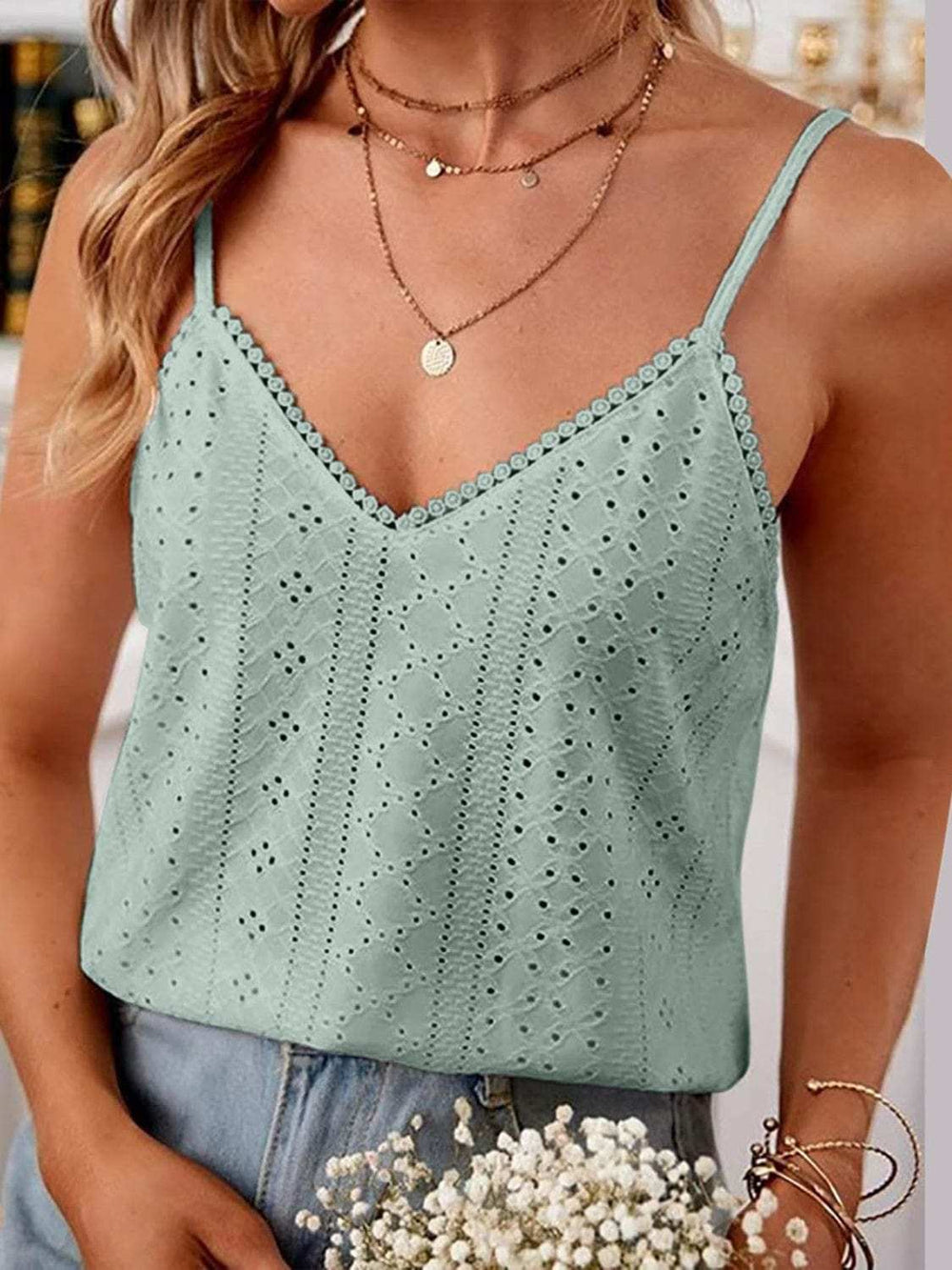 Eyelet Lace Detail V-Neck Cami - Trendsi - Flyclothing LLC