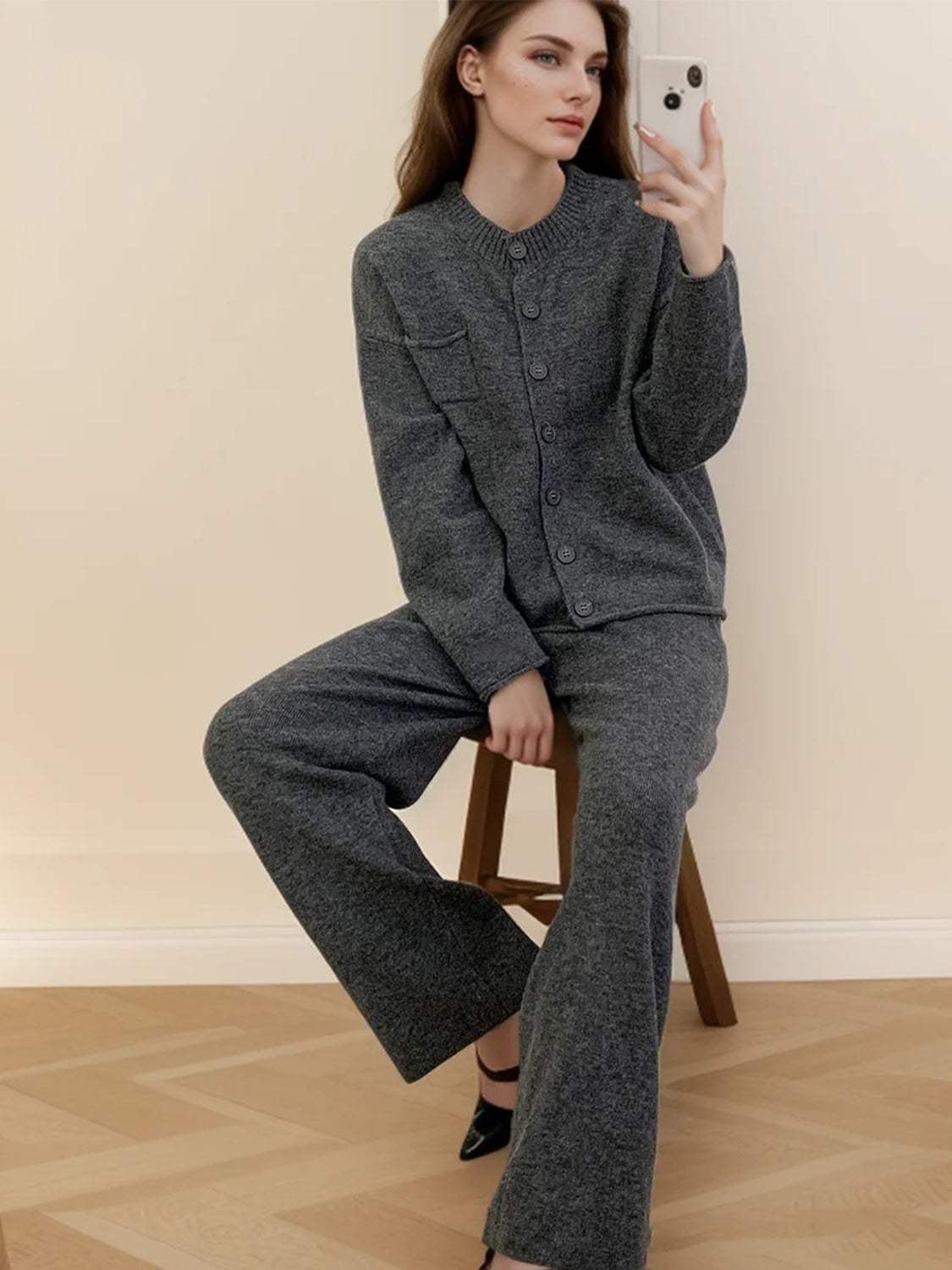 Pocketed Round Neck Button Up Cardigan and Pants Sweater Set - Trendsi - Flyclothing LLC