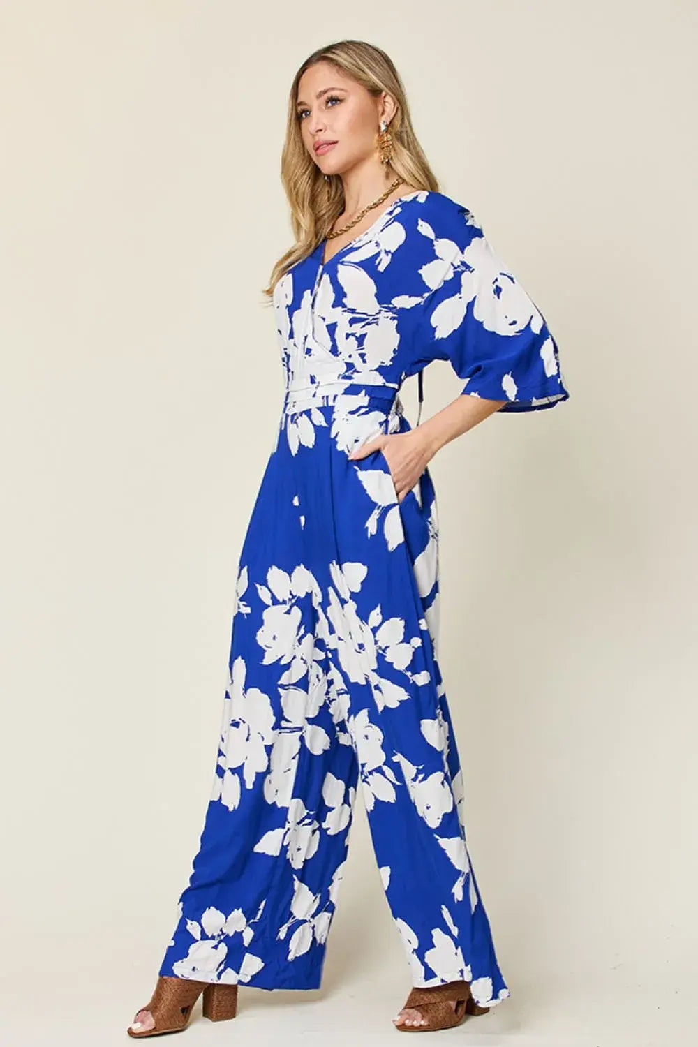 Double Take Full Size Printed Tie Back Wide Leg Jumpsuit - Trendsi - Flyclothing LLC