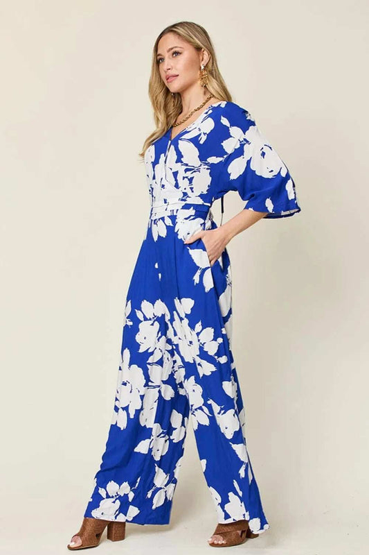 Double Take Full Size Printed Tie Back Wide Leg Jumpsuit - Trendsi - Flyclothing LLC