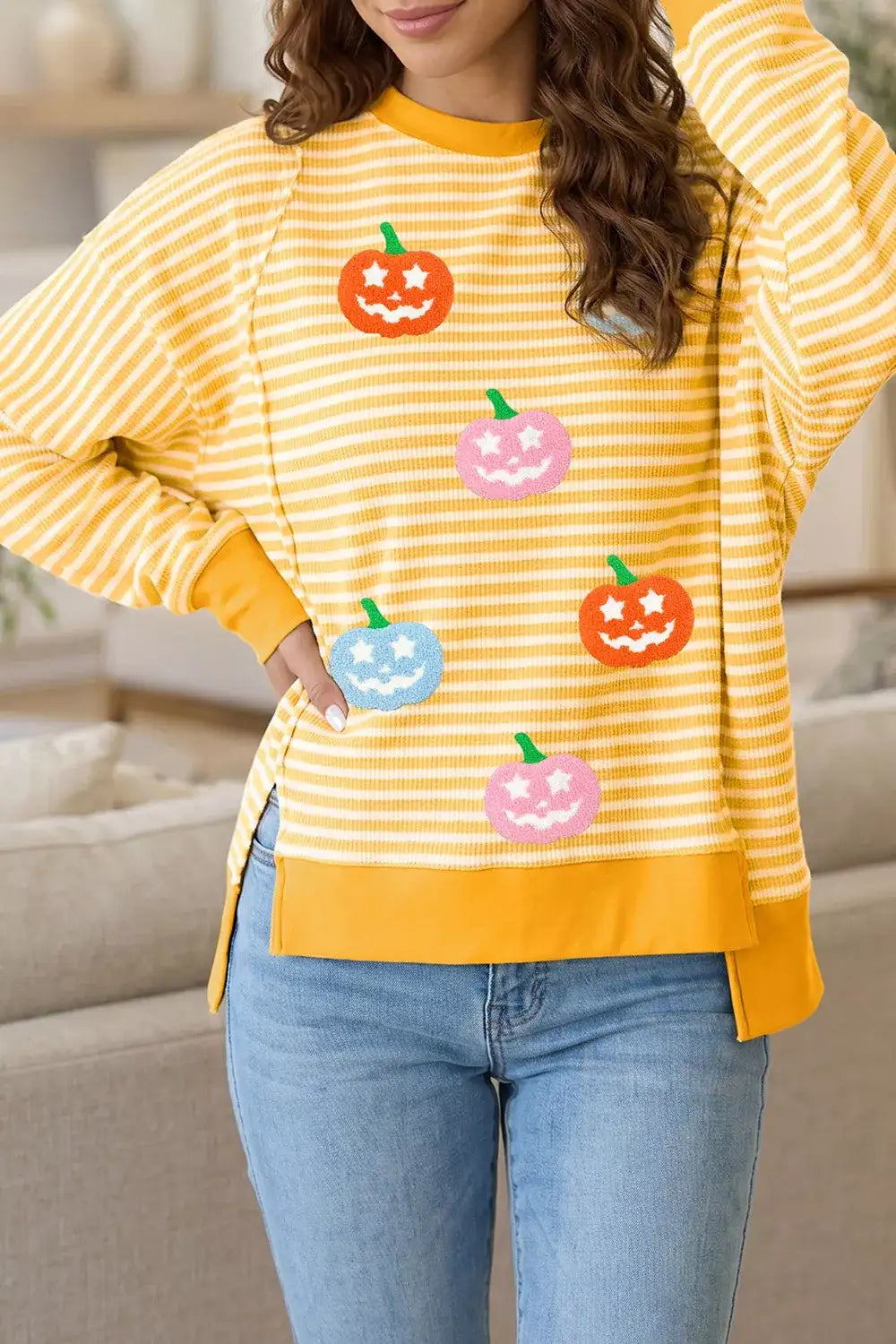 Stripe Halloween Pumpkin Face Waffle Knit Pullover Loose Top with Slits - Trendsi - Flyclothing LLC