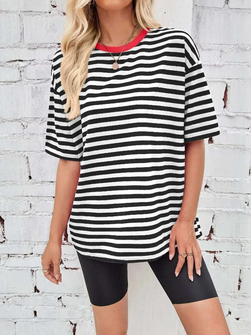 Contrast Striped Round Neck T-Shirt - Trendsi - Flyclothing LLC