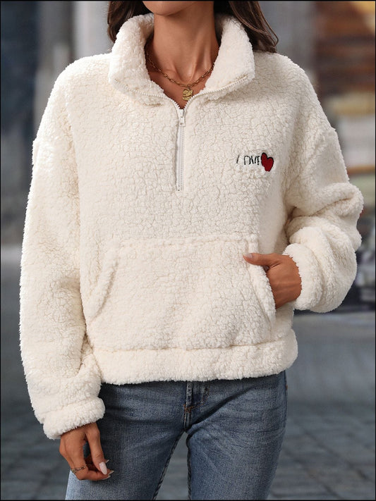 Heart Half Zip Long Sleeve Teddy Sweatshirt - Trendsi