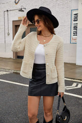 Round Neck Button Up Cardigan with Pockets - Trendsi - Flyclothing LLC