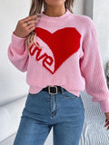 LOVE Heart Round Neck Dropped Shoulder Sweater - Trendsi
