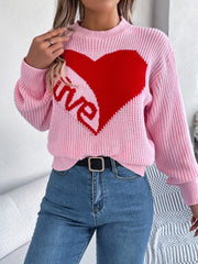 LOVE Heart Round Neck Dropped Shoulder Sweater - Trendsi