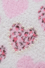 Pearl Detail Heart Round Neck Sweater - Trendsi