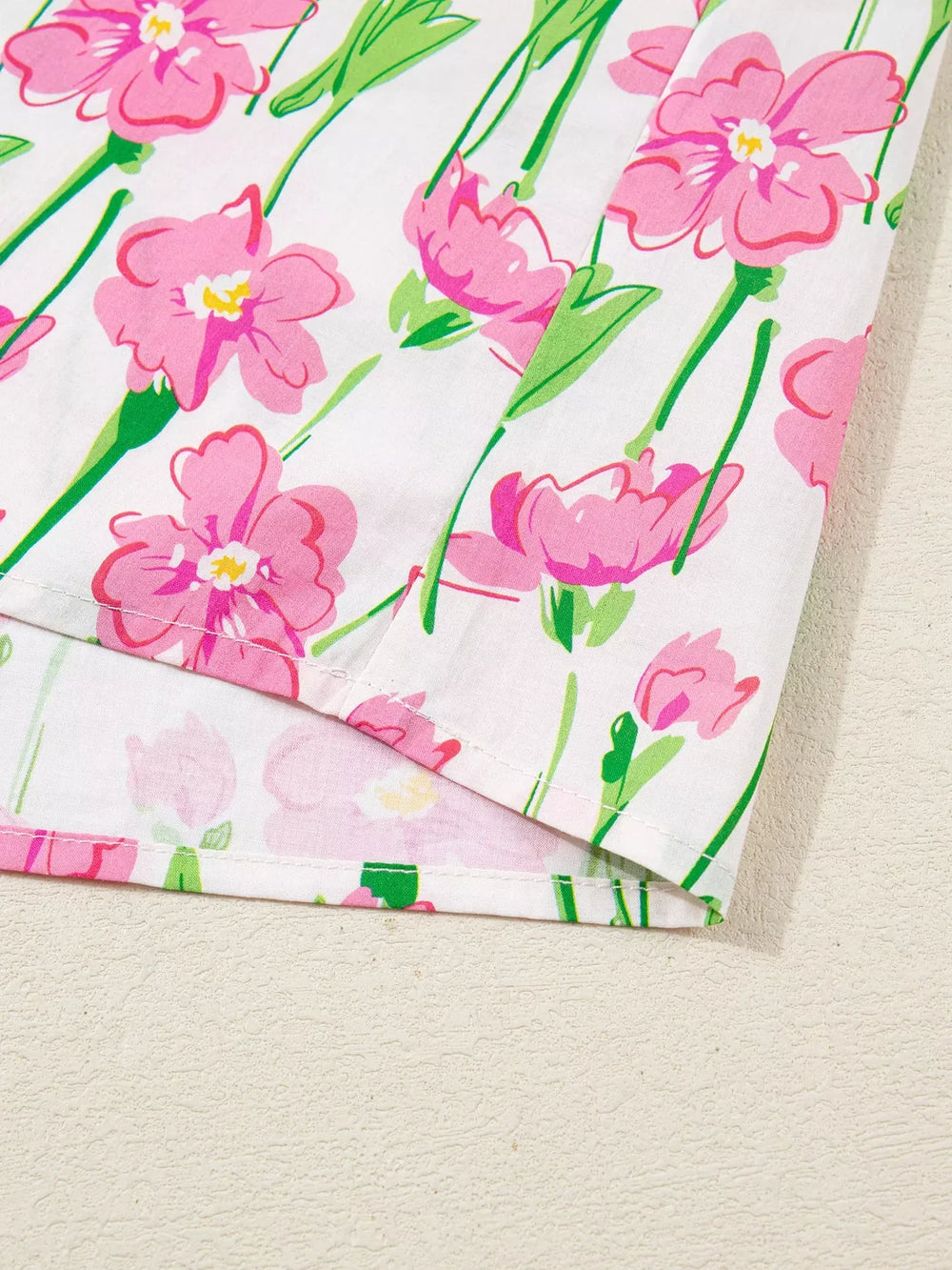 Floral Print Contrast Trim V Neck Double Ruffled Short Sleeve Blouse - Trendsi - Flyclothing LLC