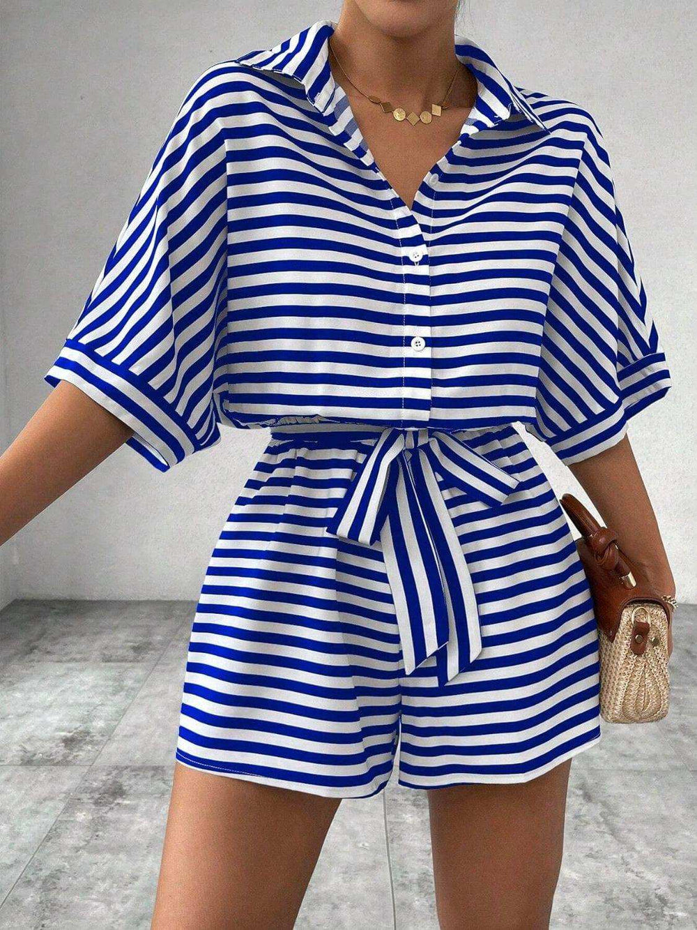 Tie Waist Half Button Striped Romper - Trendsi - Flyclothing LLC