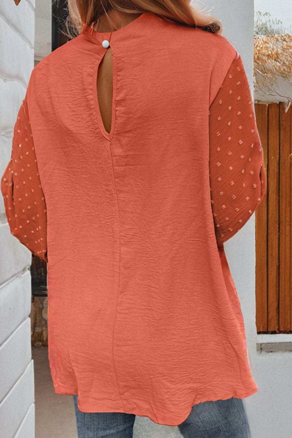 Swiss Dot Mock Neck Balloon Sleeve Blouse - Trendsi - Flyclothing LLC