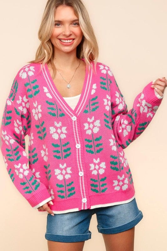 Haptics Full Size Floral Jacquard V-Neck Button Up Cardigan - Trendsi