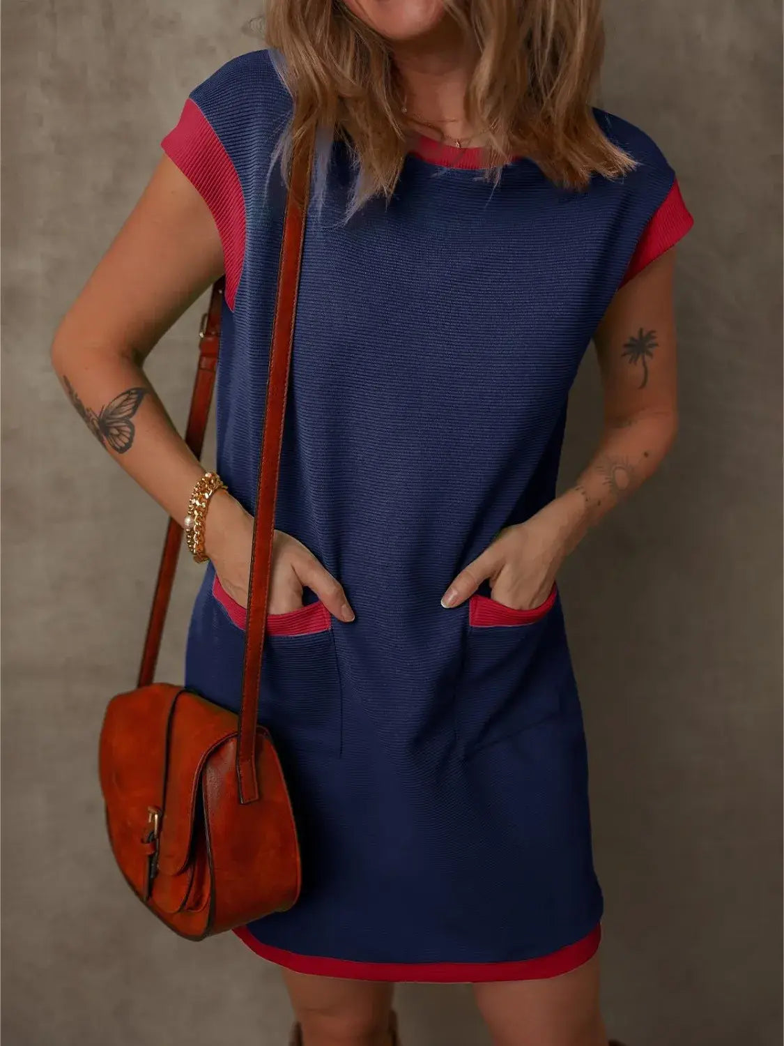 Round Neck Cap Sleeve Mini Dress - Trendsi - Flyclothing LLC