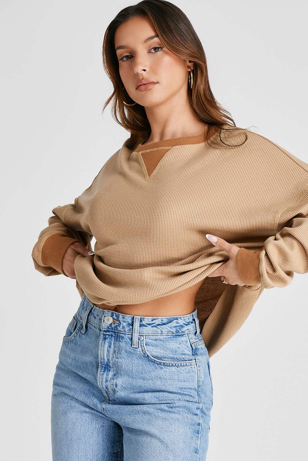 Waffle-Knit Long Sleeve Sweatshirt - Trendsi - Flyclothing LLC