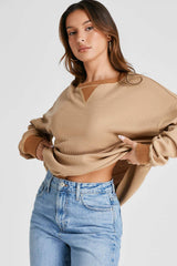 Waffle-Knit Long Sleeve Sweatshirt - Trendsi - Flyclothing LLC