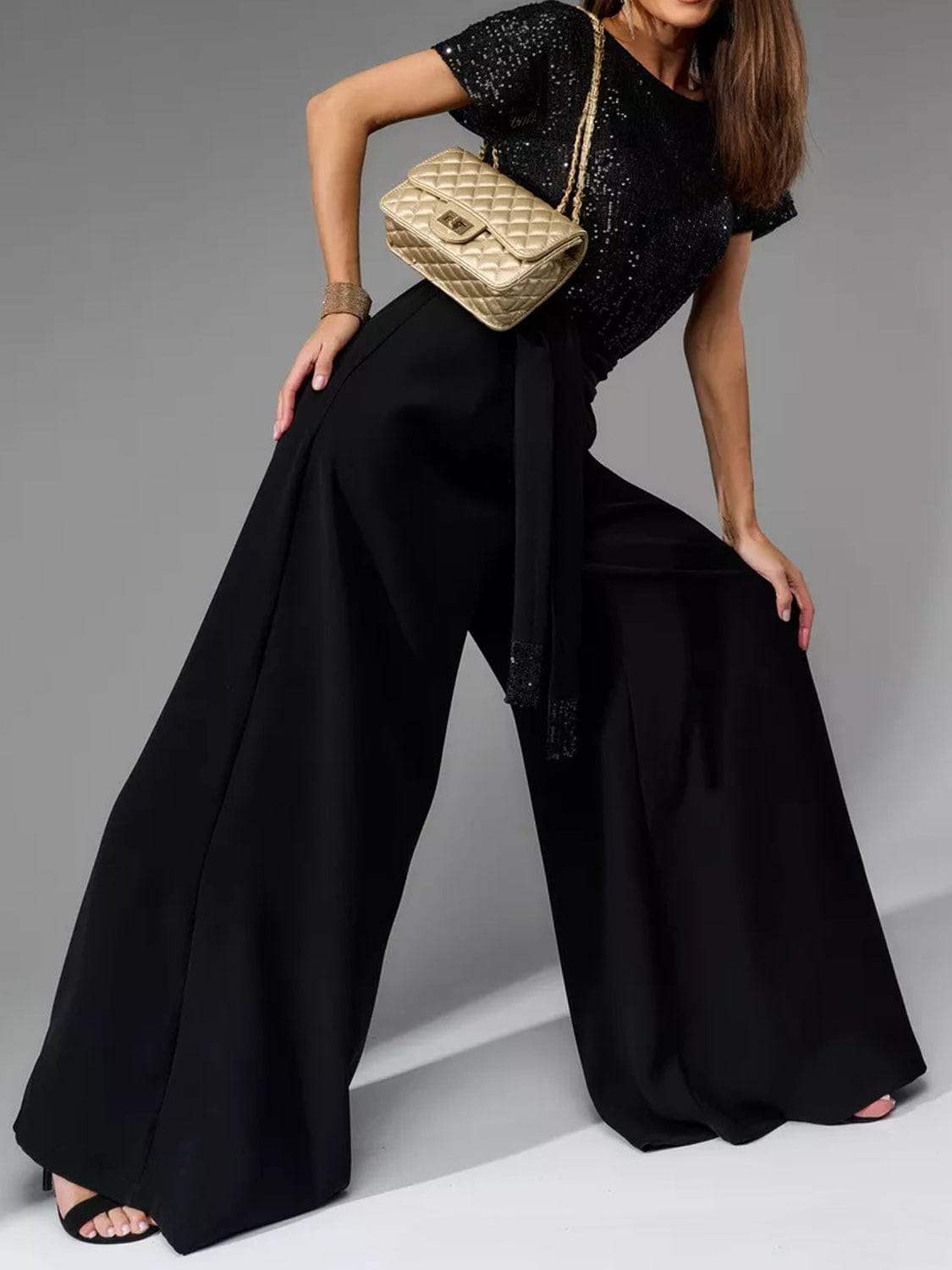 Full Size Sequin Round Neck Short Sleeve Wide Leg Jumpsuit - Trendsi - Flyclothing LLC