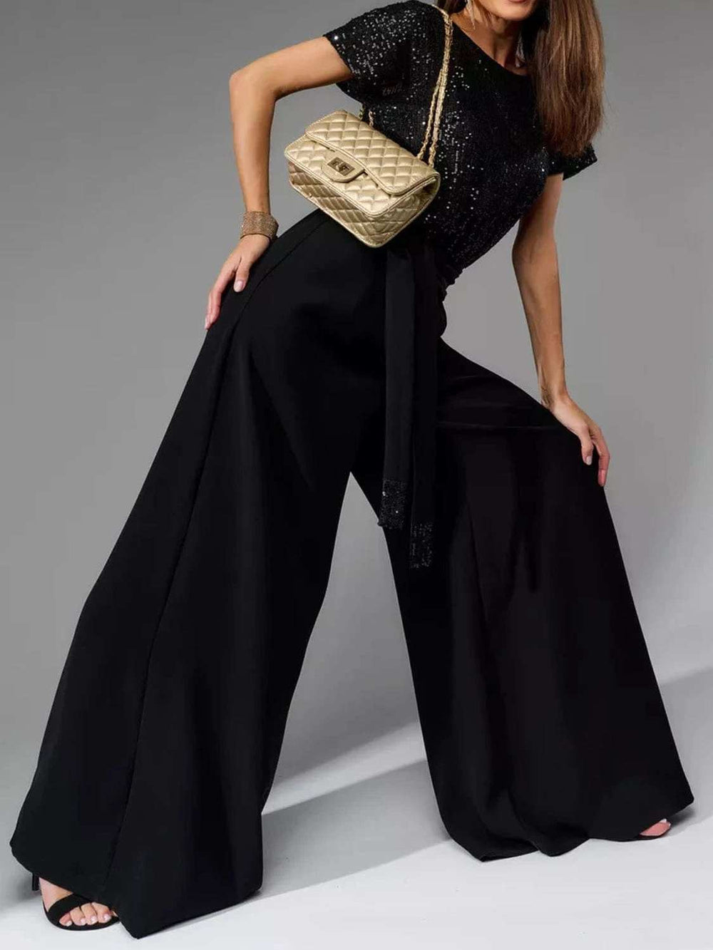 Full Size Sequin Round Neck Short Sleeve Wide Leg Jumpsuit - Trendsi - Flyclothing LLC