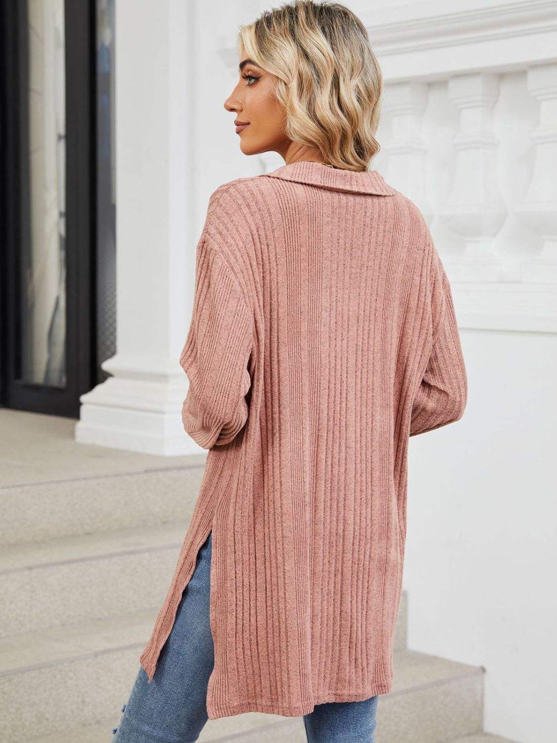 Slit Johnny Collar Long Sleeve T-Shirt - Trendsi - Flyclothing LLC
