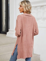 Slit Johnny Collar Long Sleeve T-Shirt - Trendsi - Flyclothing LLC