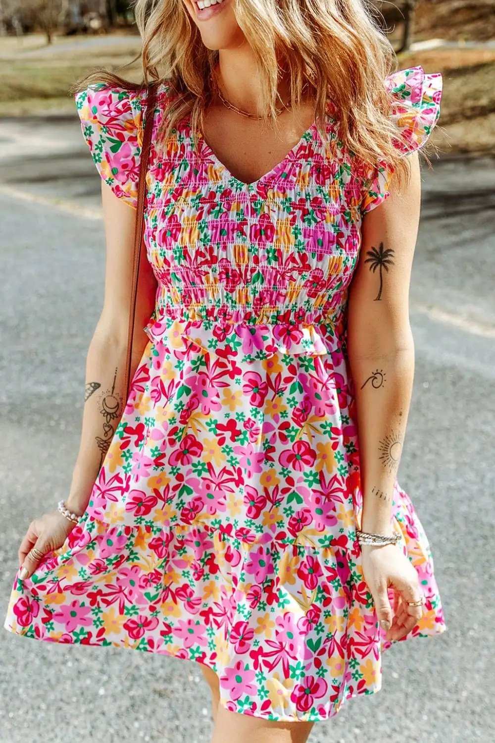 Smocked Floral V-Neck Ruffled Cap Sleeve Dress - Trendsi - Flyclothing LLC