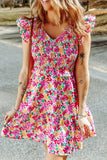 Smocked Floral V-Neck Ruffled Cap Sleeve Dress - Trendsi