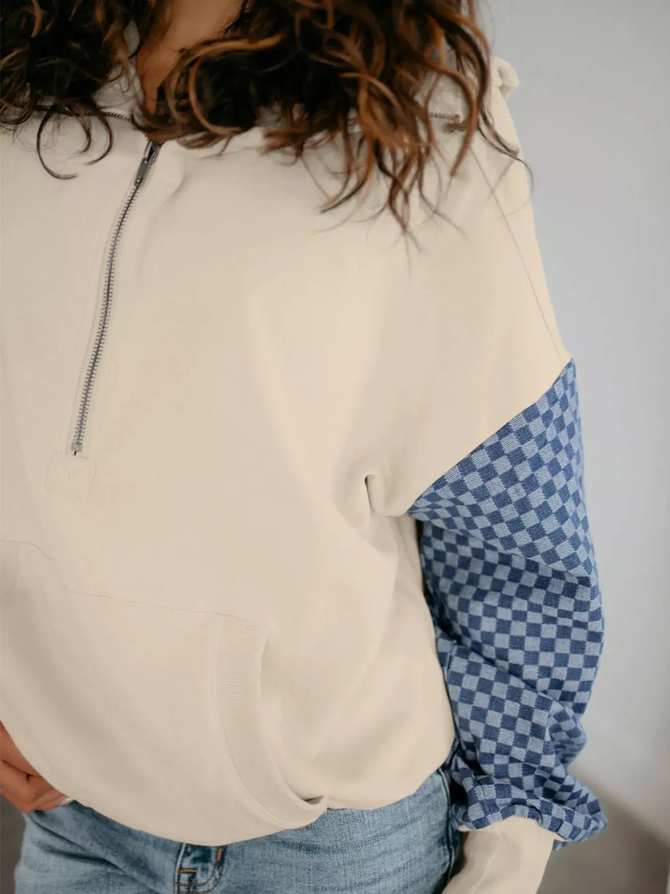 Checkered Color Block Half Zip Sweatshirt - Trendsi - Flyclothing LLC