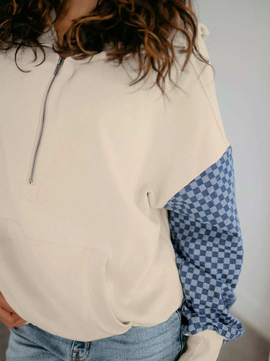 Checkered Color Block Half Zip Sweatshirt - Trendsi - Flyclothing LLC