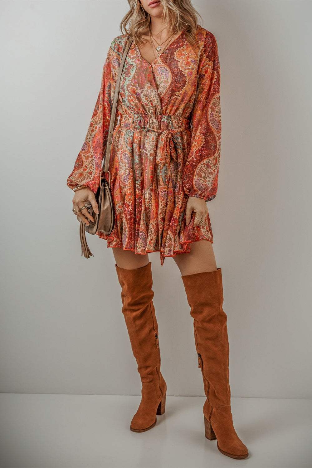 Tied Printed Balloon Sleeve Mini Dress - Trendsi - Flyclothing LLC