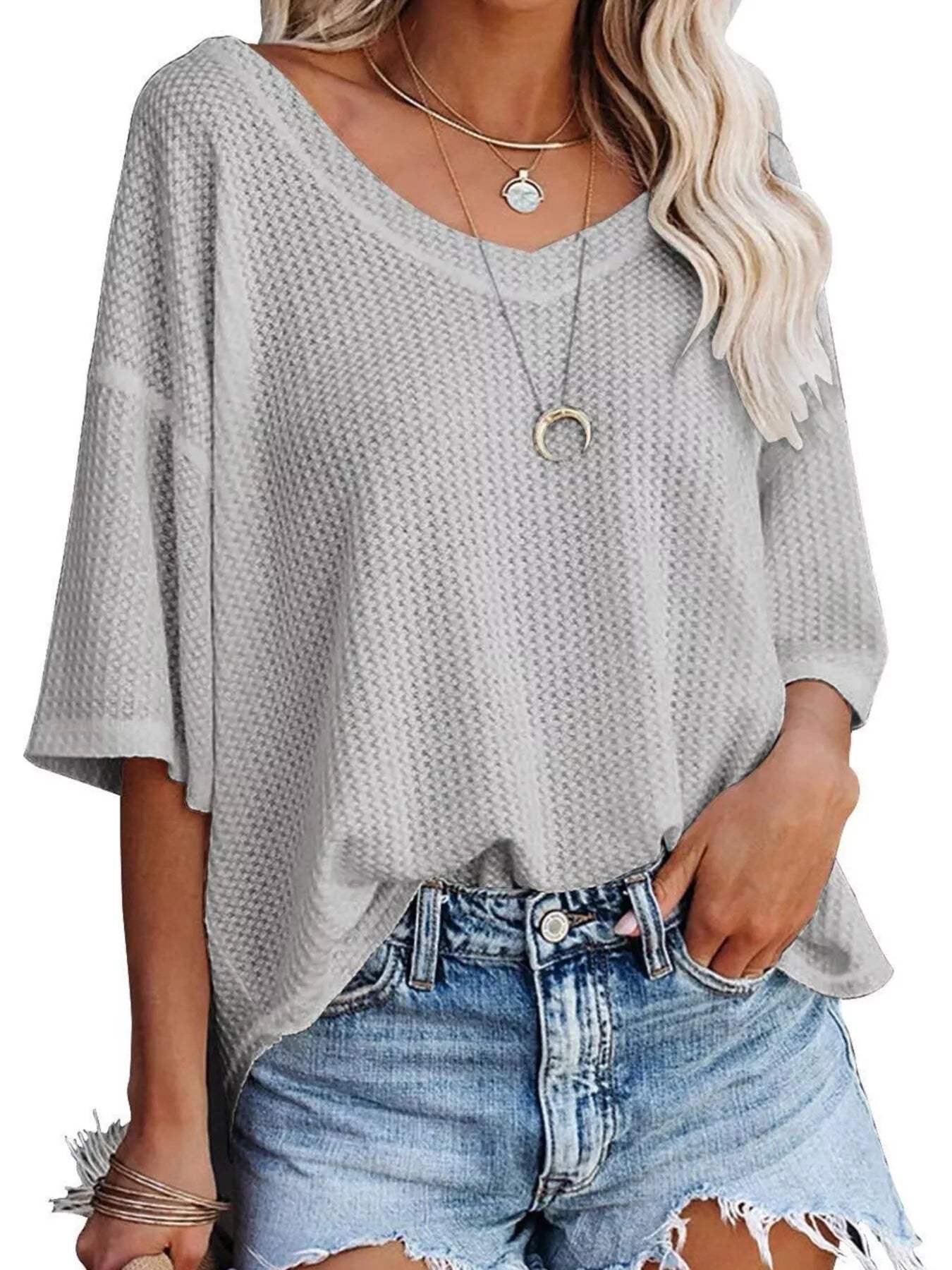 Waffle Knit V-Neck Short Sleeve T-Shirt - Trendsi - Flyclothing LLC