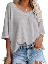 Waffle Knit V-Neck Short Sleeve T-Shirt - Trendsi - Flyclothing LLC