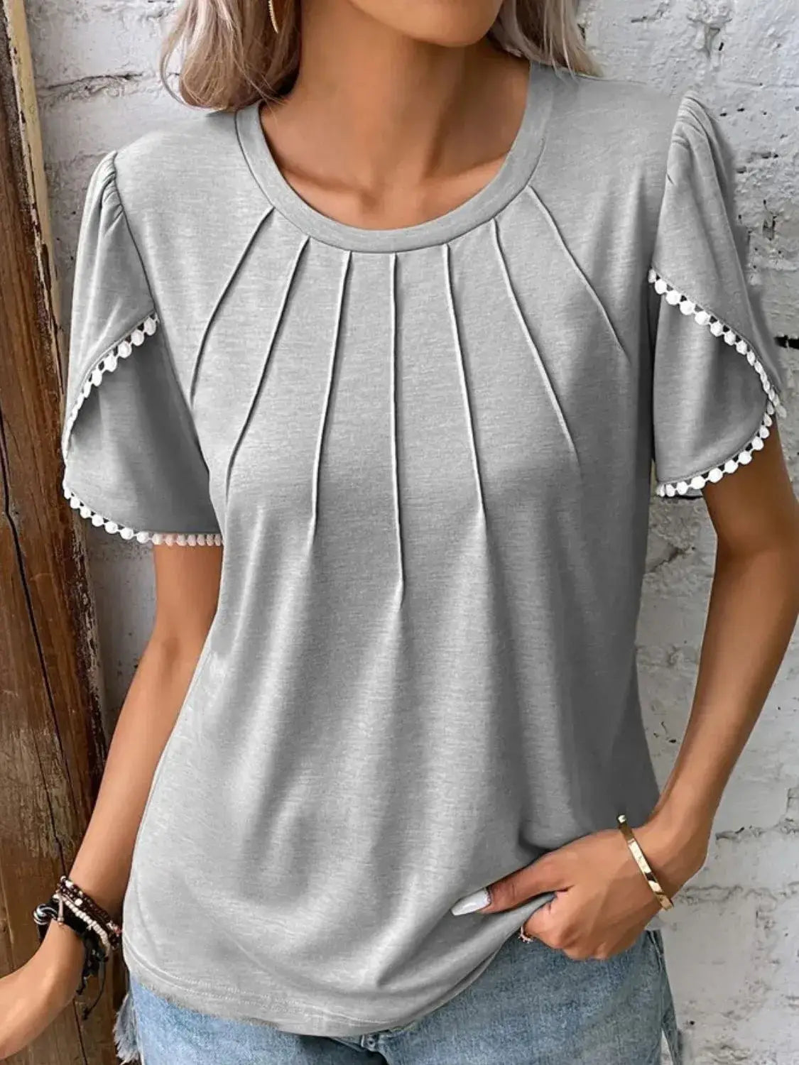 Full Size Round Neck Petal Sleeve Blouse Plus Size - Trendsi - Flyclothing LLC