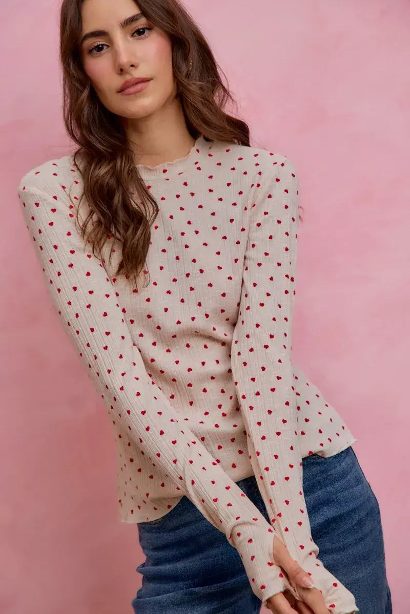 SO ME Ditsy Heart All Over Slub Rib Knit Valentine Top - Trendsi - Flyclothing LLC